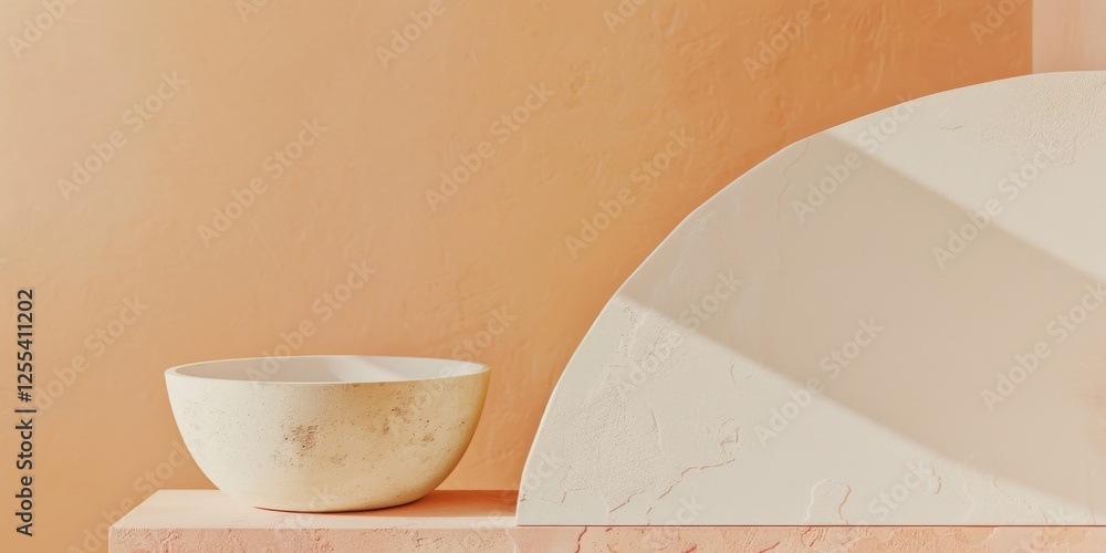 Poster an abstract minimalist artwork against a soft peach background, geometric shapes and negative space,
