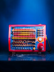 Close up of an old tech machine on a shiny surface. For education or technology innovation concepts against a simple blue background