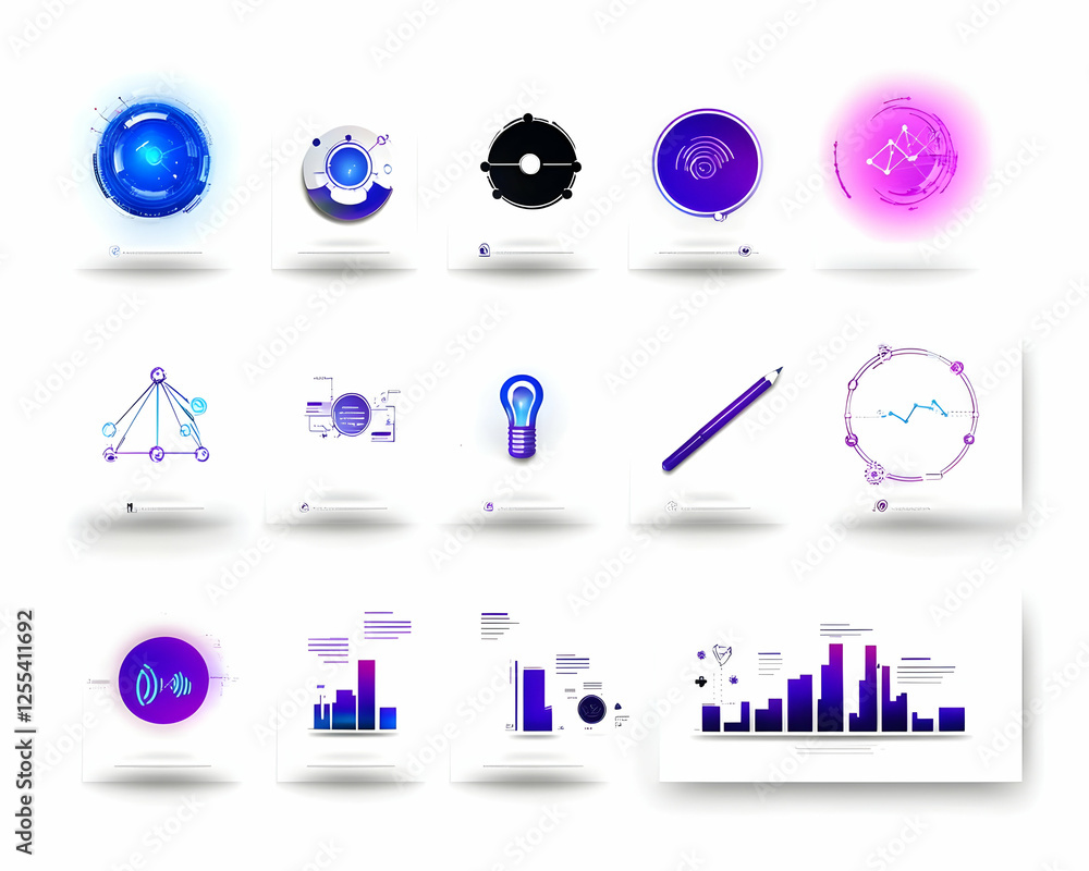 Poster collection of modern shiny icons symbolizing data analysis & processing on white background. use for