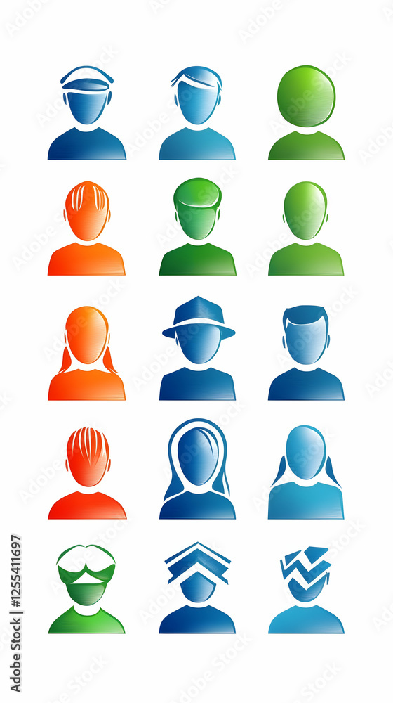 Poster collection of colorful anonymous avatars representing diverse users. possible use website or app use