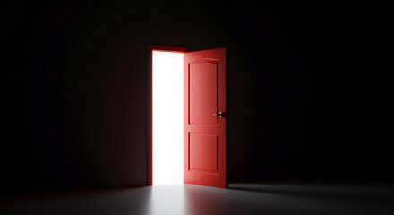 A Glimmer of Hope: Open Red Door in Dark Room, Symbol of New Beginnings and Opportunities