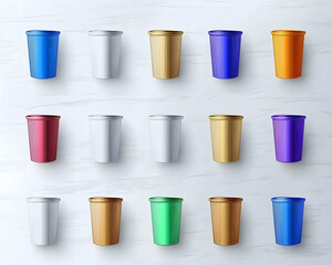 Colorful containers collection mock up flat lay on white marble. For presenting package designs, marketing graphics, stationery