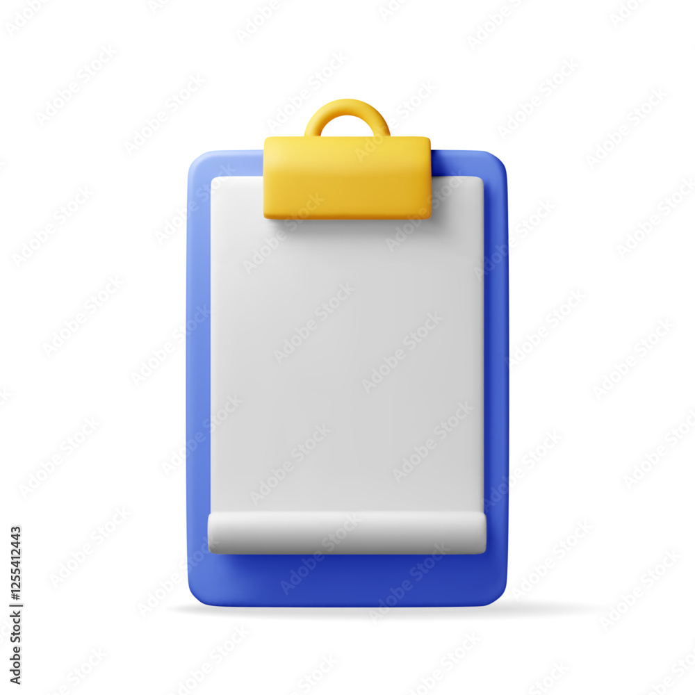 Poster 3d clipboard with empty paper sheet isolated on white background. clipboard render with white paper.