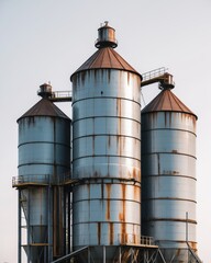 Three Rusty Industrial Grain Silos Outdoors