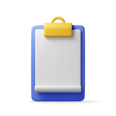 3d clipboard with empty paper sheet isolated on white background. Clipboard render with white paper. Folder for documents with golden clip. Office stationery or paperwork concept. Vector illustration