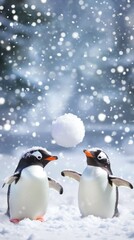 Obraz premium Two penguins playing with a snowball in snowy weather.
