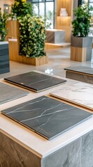 Display rack features a variety of ceramic tile samples in shades of gray and black, perfect for modern flooring styles