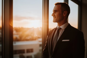 A man in a suit and tie is standing in front of a window