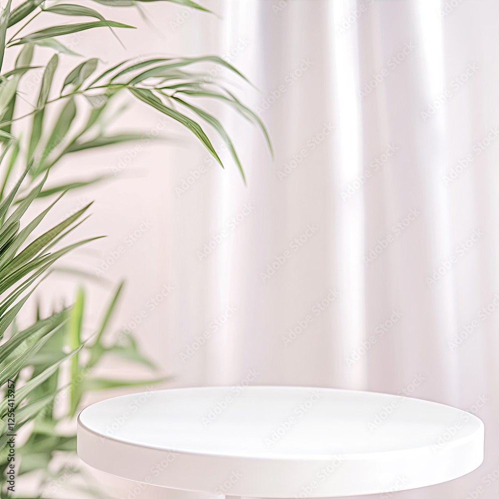 Aufkleber empty podium against the backdrop of pink fabric and branches in 3d style for product presentation a