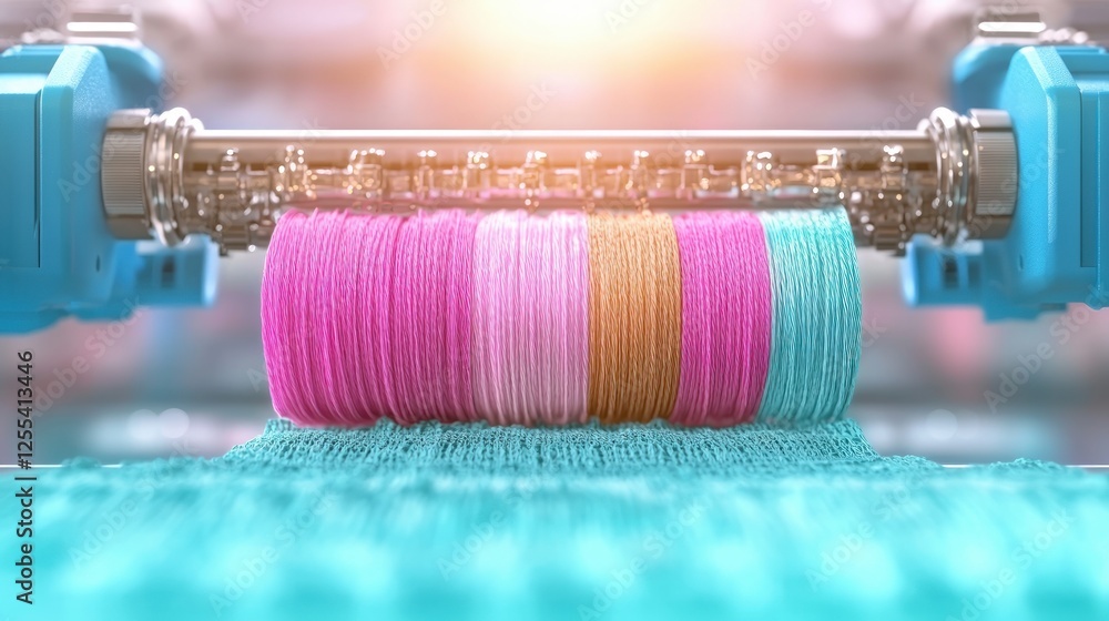 Poster closeup of automated textile manufacturing process with colorful rollers