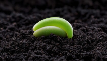 Close-up of green seedling emerging from dark soil, symbolizing growth and renewal.