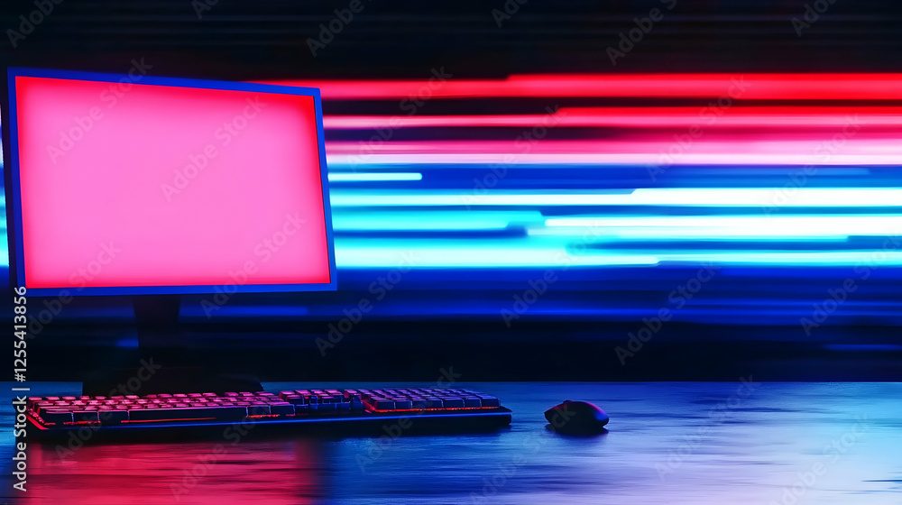 Poster gaming pc setup with neon lines for streaming use. digital display, keyboard and mouse on dark surfa