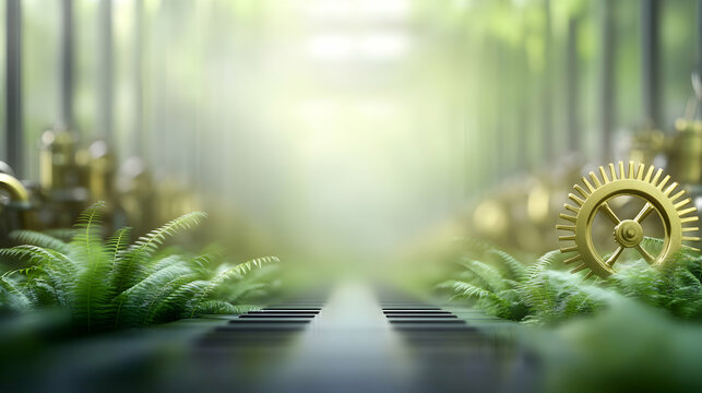 Gear and plant merging in natural environment. Concept for sustainable innovation, eco-friendly technology, and green solutions