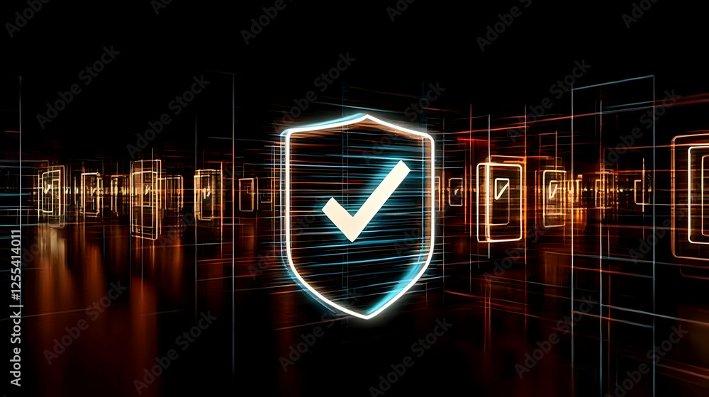 Aufkleber glowing shield with checkmark for network security over a dark abstract geometric background. securi