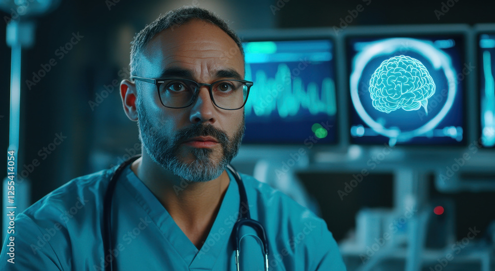 Poster a skilled man in scrubs looks thoughtfully at an intricate brain scan displayed on advanced monitors