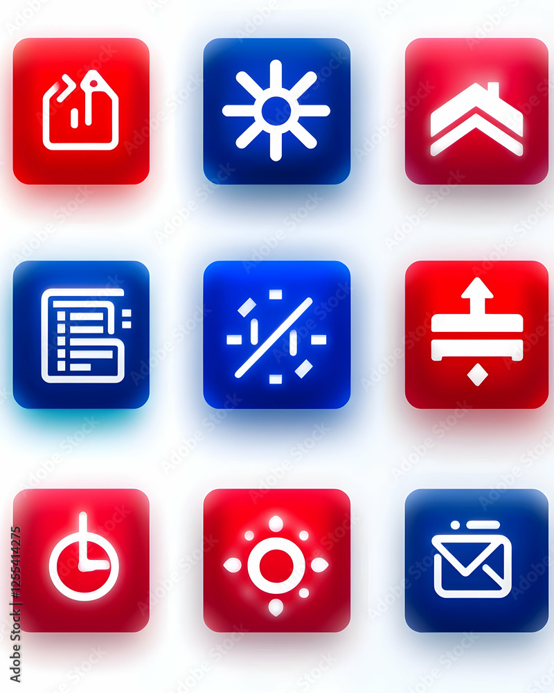 Poster Grid of square app icons for settings, preferences, options, services and functions. Software, ui/ux design