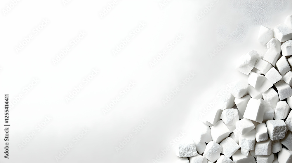 Poster group of white cube shaped objects arranged on right side of white backdrop for a clean, minimalisti