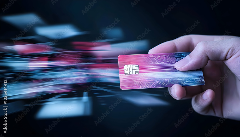 Poster hand holding a debit card with abstract visual effects in a dark setting. for financial business use