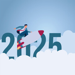 A man riding a rocket above the number 2025. Illustration for new year goals, new targets and new challenges.