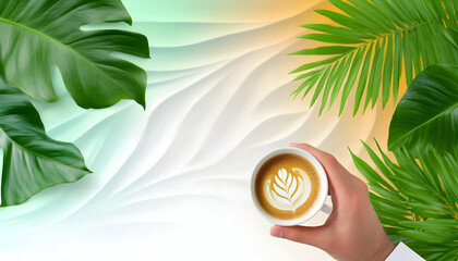 Obraz premium Hand holds latte art against textured backdrop with palm leaves; use for cafe promotion, menu design, or tropical beverage advertisement