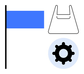 Bold blue flag, outline of a shopping bag, black gear wheel inside light blue circle. Ideal for themes of progress, consumerism, efficiency, productivity, organization innovation. Abstract line flat