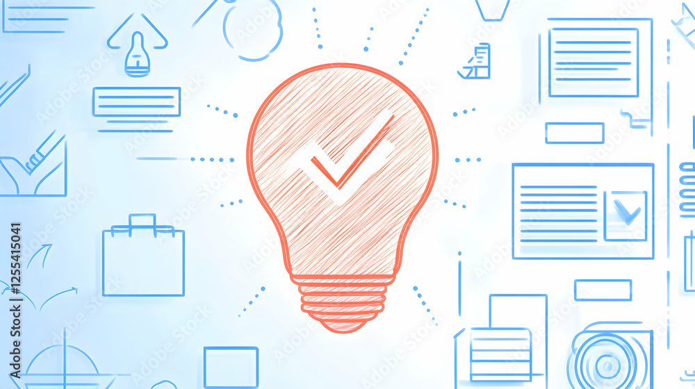 Poster innovation concept light bulb with a checkmark. idea generation & problem solving, on white backgrou