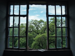 Fototapeta premium Abandoned Asylums shrouded in decay, with trees bursting through shattered windows