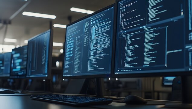 Modern Data Processing Center  Multiple High-Performance Computers Displaying Complex Code and Data in a Futuristic Environment.