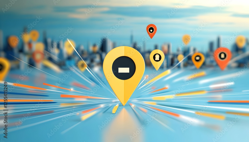 Aufkleber location markers point to city on speeding network lines mapping out destinations and accessibility