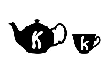 Teapot and tea cup retro tag with Latin letter K on white background