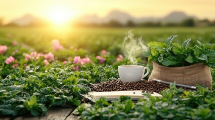 Coffee Beans Plants Notebook And Cup Sunrise Scene
