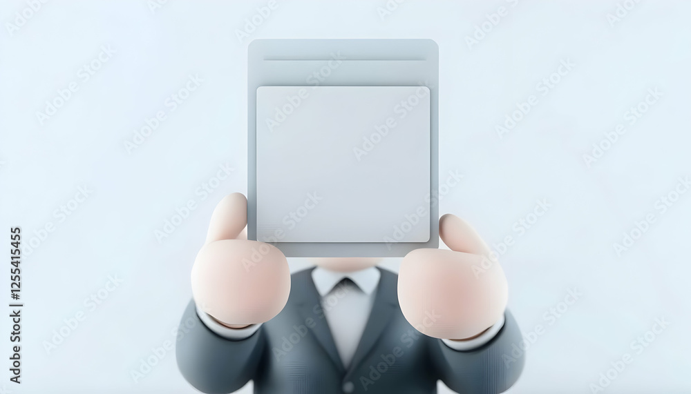 Poster man in suit holding blank frame for message. presenting product or service. can be used for mockup o