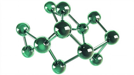 A 3D molecular structure with green reflective spheres and thin metal rods forms a complex chemical representation on a white background  
