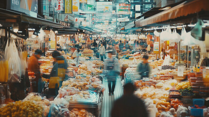 Vibrant market bustling with activity featuring ai-controlled vendors and a multitude of fresh produce and goods available for customers