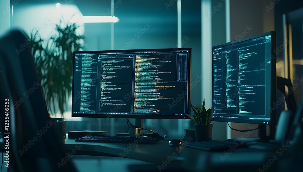 Poster Late-Night Coding Session Two Monitors Displaying Complex Lines of Code in a Modern, Dark Office Environment