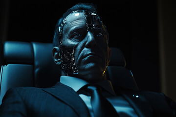 Corporate CEO integrated with AI implant controlling decisions in a futuristic office environment during late evening hours