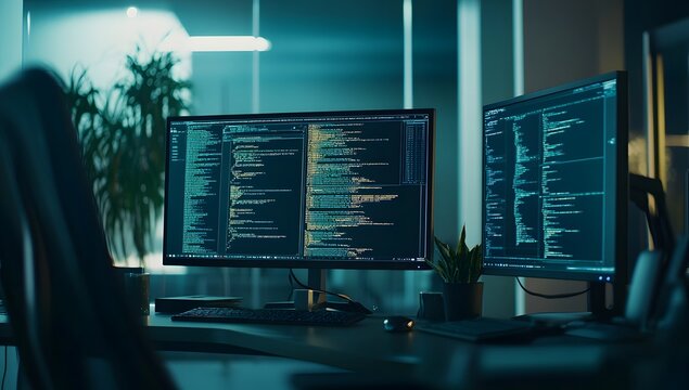 Late-Night Coding Session Two Monitors Displaying Complex Lines of Code in a Modern, Dark Office Environment