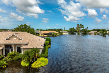 Flooding in Florida caused by tropical storm from hurricane Debby. Suburb houses in Laurel Meadows...