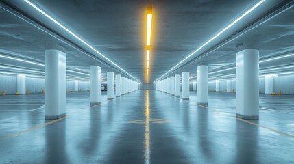 Empty underground parking with white columns and glowing yellow lights, a futuristic background for product presentation