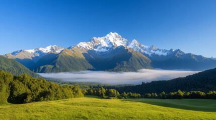 Majestic snow capped mountain peaks rise above lush green valley, with mist hovering in foreground, creating serene and breathtaking landscape