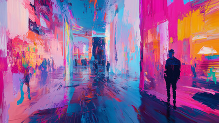 Colorful exploration of an AI-generated art gallery featuring vibrant abstract styles and a lively atmosphere of visitors engaging with modern art