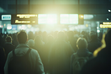 Crowded train station filled with commuters moving towards their destinations during rush hour in the evening light