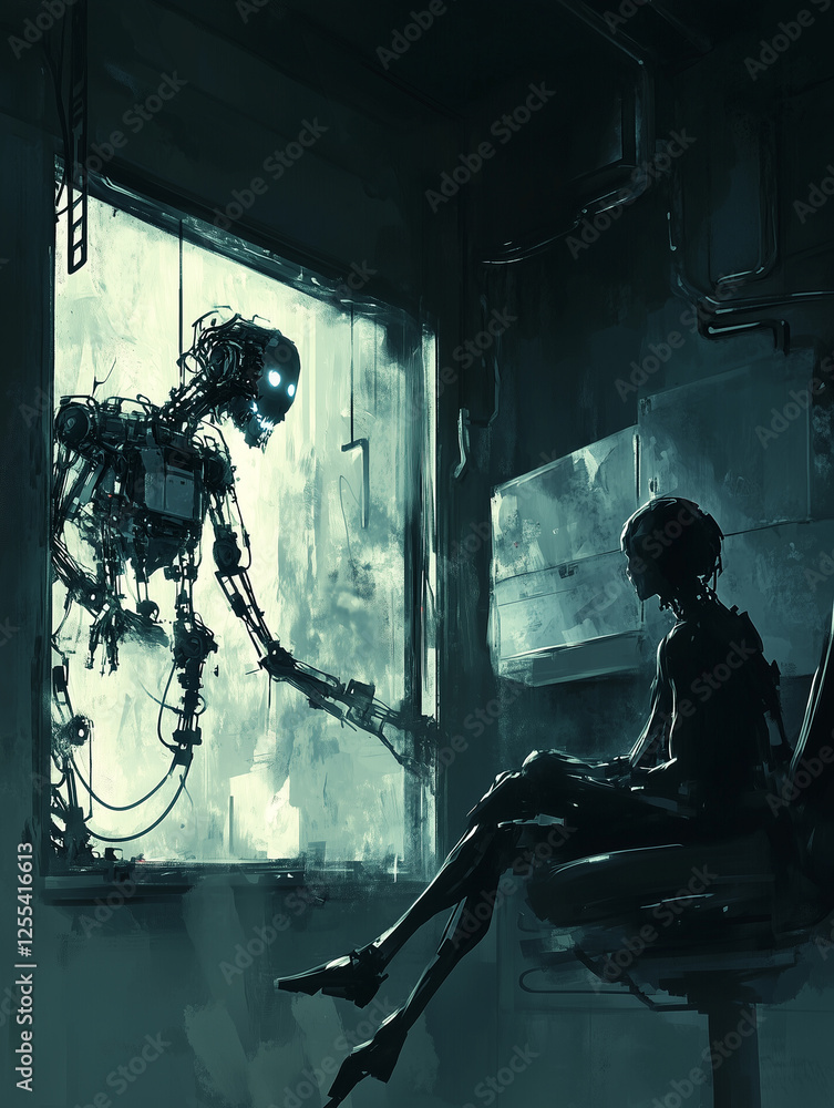 Poster experiment in a dark laboratory where a humanoid ai engages with a seated human subject in a moment 
