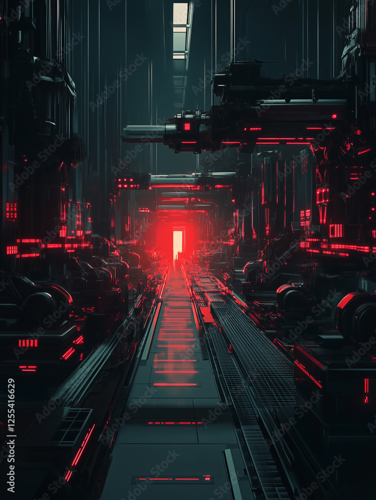 Aufkleber dark ai-controlled factory filled with humans working under ominous red lights in a dystopian settin