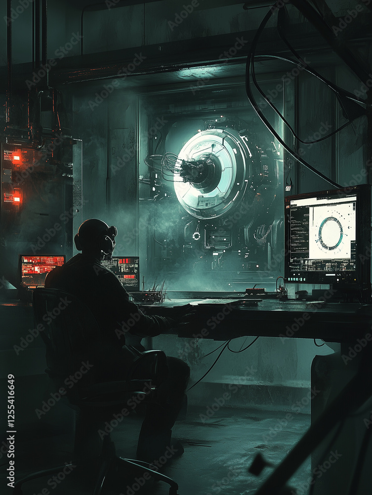 Poster dark laboratory with advanced ai technology actively engaging in experimental tasks during a late ho