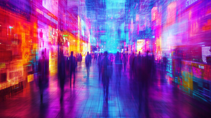 Naklejka premium Vibrant cyberpunk alley illuminated by neon lights and bustling crowds during a lively night