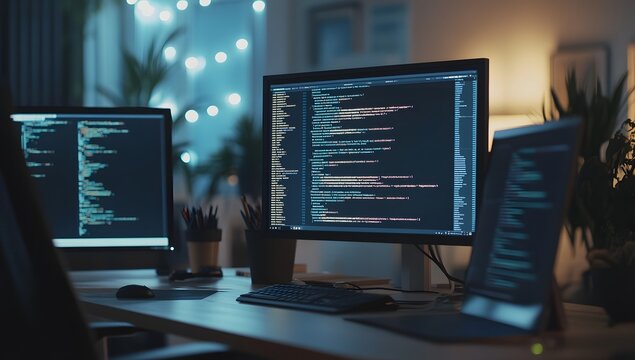 A Deep Dive into the World of Nighttime Coding  A Programmer's Sanctuary Illuminated by Code and the Glow of Soft Lights.