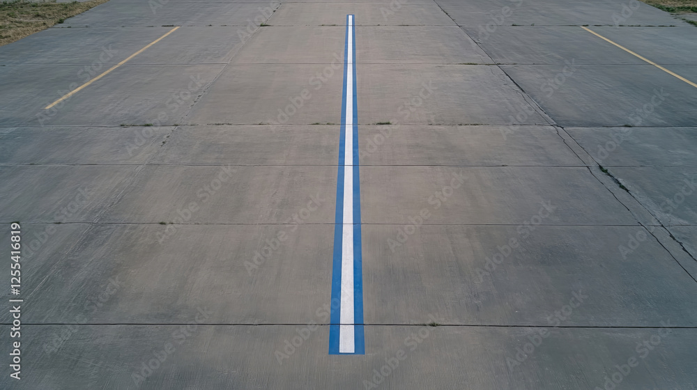Poster aerial view of straight runway with blue line markings on concrete. image captures simplicity and sy