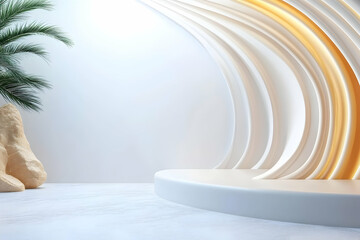 Obraz premium Product display stand in a white studio with organic elements. Ideal for showcasing items in a clean, modern, and natural-themed environment