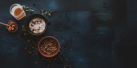 Rustic Ingredients and Spices on Dark Surface. A flat lay of rustic ingredients, including spices, herbs, and honey, arranged on a dark textured surface, evoking warmth and culinary creativity.